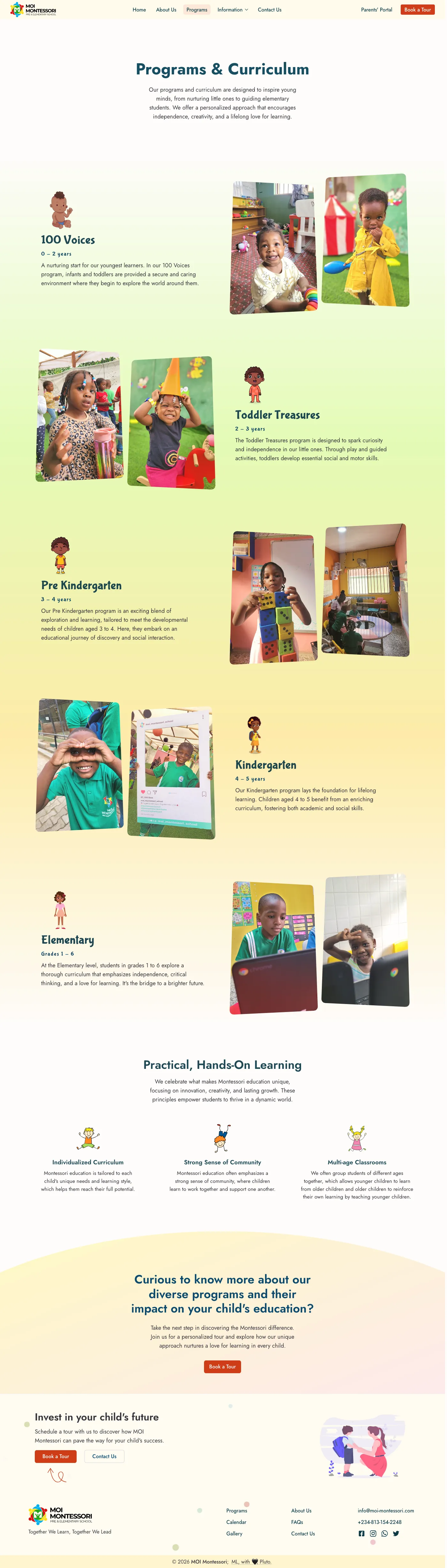 Full-view screenshot of the MOI Montessori website.